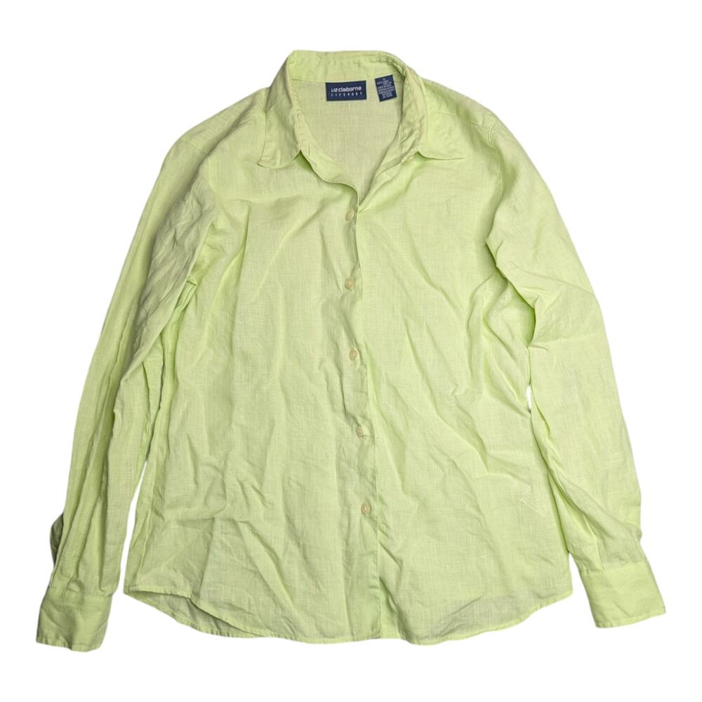 Vtg Y2K Liz Claiborne Spring Green 100% Linen Button Up Collared Blouse M